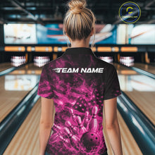 Load image into Gallery viewer, Custom Pink Fire Patriotic Bowling Women Polo Shirt, American Flag Flame Bowling Jersey IPHW11110