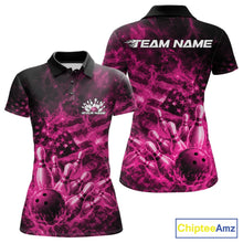 Load image into Gallery viewer, Custom Pink Fire Patriotic Bowling Women Polo Shirt, American Flag Flame Bowling Jersey IPHW11110