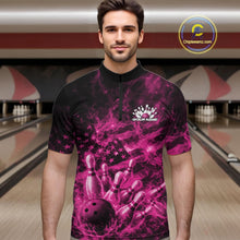 Load image into Gallery viewer, Custom Pink Fire Patriotic Bowling Men Quarter-Zip Shirt, American Flag Flame Bowling Jersey IPHW11110
