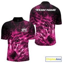 Load image into Gallery viewer, Custom Pink Fire Patriotic Bowling Men Quarter-Zip Shirt, American Flag Flame Bowling Jersey IPHW11110
