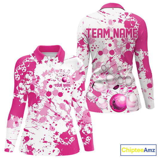Custom Pink Bowling Long Sleeve Polo Shirts For Women, Splatter Bowling Team Jerseys IPHW7052