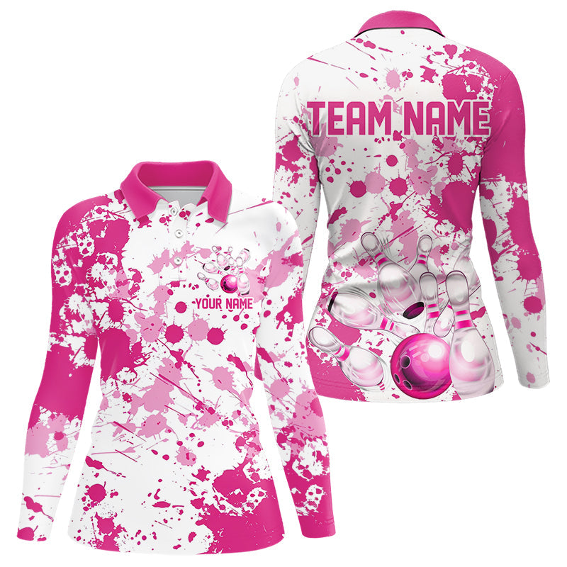 Custom Pink Bowling Long Sleeve Polo Shirts For Women, Splatter Bowling Team Jerseys IPHW7052
