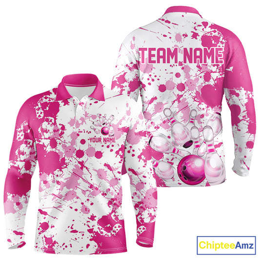 Custom Pink Bowling Long Sleeve Polo Shirts For Men, Splatter Bowling Team Jerseys With Name IPHW7052
