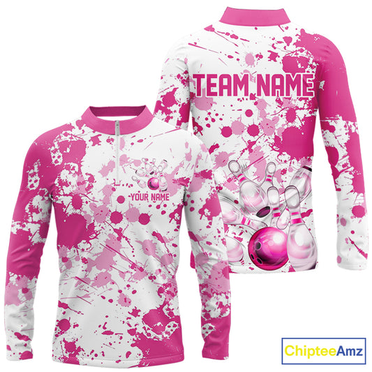Custom Pink Bowling Long Sleeve Quarter-Zip Shirts For Men, Splatter Bowling Team Jersey With Name IPHW7052