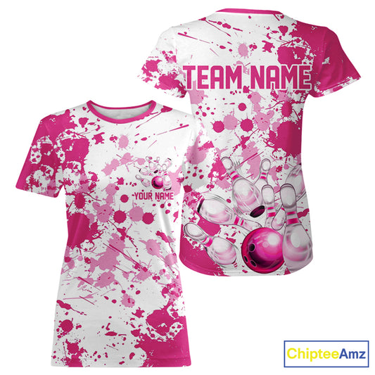 Custom Pink Bowling T-Shirts For Women, Splatter Bowling Team Jerseys With Name IPHW7052