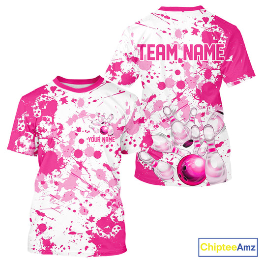Custom Pink Bowling T-Shirts For Men, Splatter Bowling Team Jerseys With Name IPHW7052