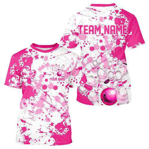 Custom Pink Bowling T-Shirts For Men, Splatter Bowling Team Jerseys With Name IPHW7052