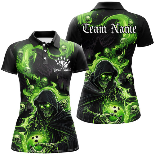 Black And Green Flame Grim Reaper Custom Halloween Ladies Bowling Shirts, Bowlers Outfits IPHW7609