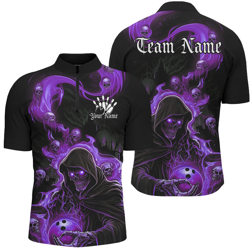 Black And Purple Flame Grim Reaper Custom Halloween Bowling Shirts For Men, Team Bowlers Outfits IPHW7610