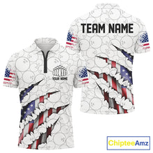 Load image into Gallery viewer, Personalized American Flag Bowling Men Team Shirts, Patriotic Bowling Quarter-Zip Polo Shirts IPHW5523