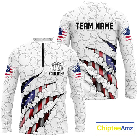 Custom Patriotic Long Sleeve Bowling Shirts For Men, American Flag Usa Bowling League Shirts IPHW5523