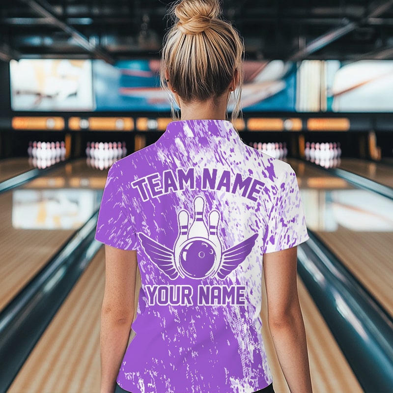 Personalized White And Purple Bowling Team Polo Shirt For Women, Bowling Tournament Outfits IPHW8744