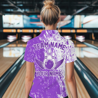 Personalized White And Purple Bowling Women Quarter-Zip Shirt, Bowling Tournament Outfits IPHW8744
