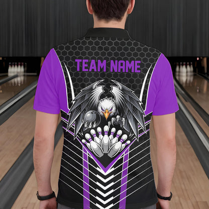 Custom Black And Purple Eagle Bowling Jerseys, Bowling Team Men Polo Shirts Bowlers Outfits IPHW8749