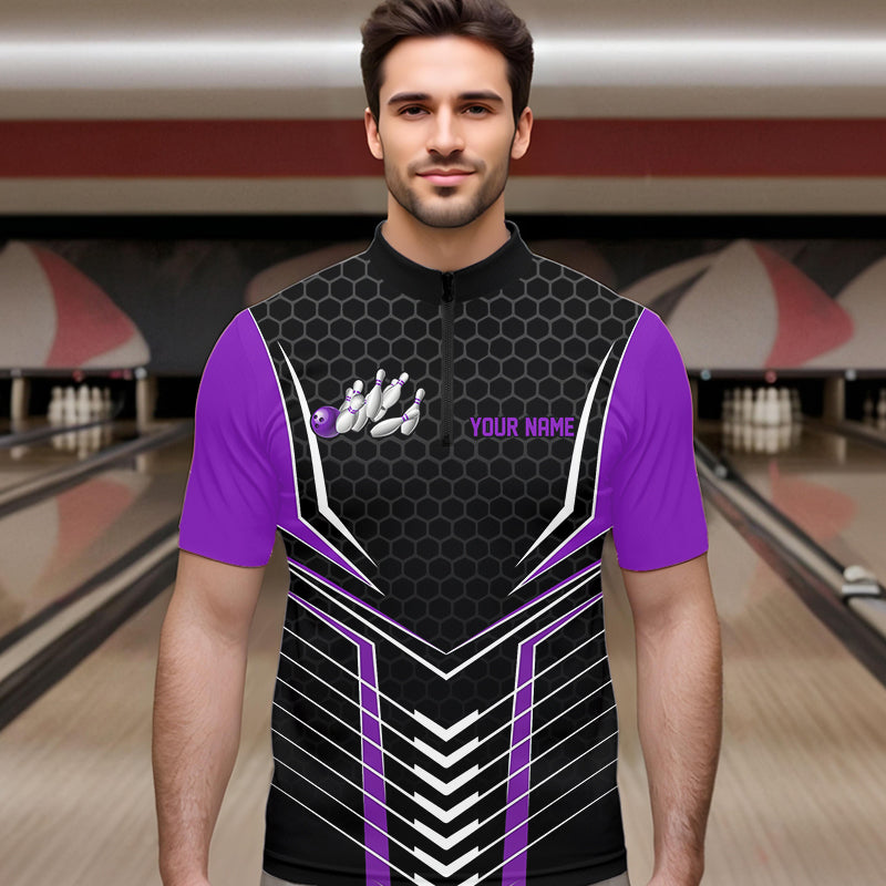 Custom Black And Purple Eagle Bowling Jerseys, Bowling Team Men Quarter-Zip Shirts Bowlers Outfits IPHW8749