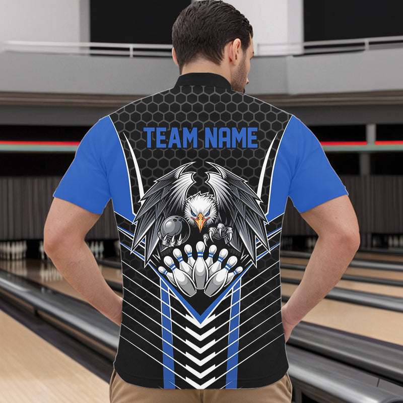 Custom Black And Blue Eagle Bowling Jerseys, Bowling Team Men Quarter-Zip Shirts Bowlers Outfits IPHW8750