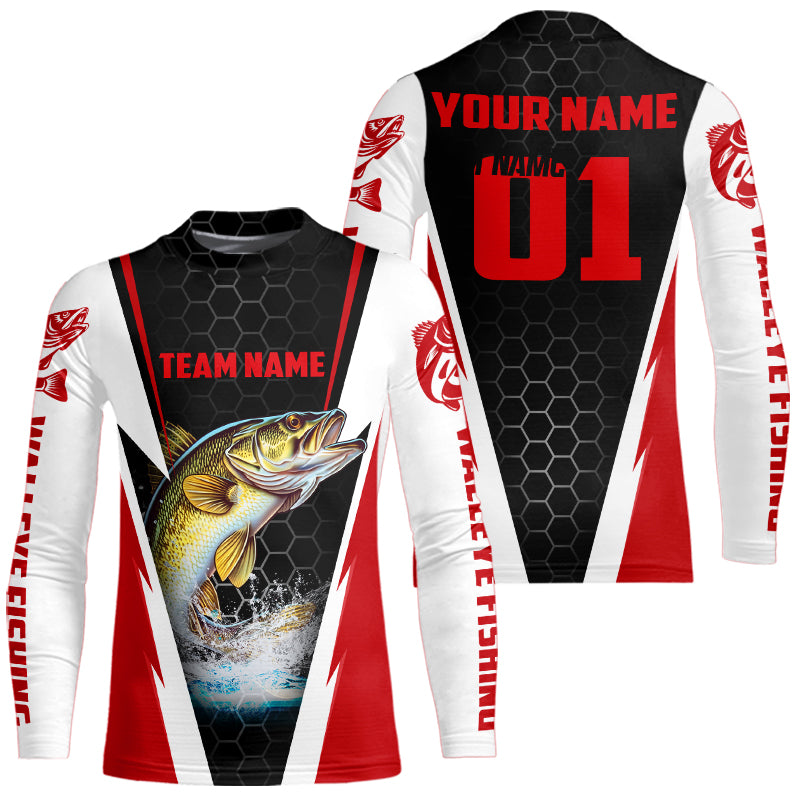 Walleye Fishing Long Sleeve Tournament Shirts For Fishing Team With Custom Name And Number | Red IPHW6238