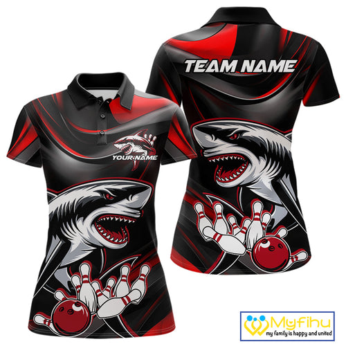 Custom Black And Red Shark Bowling Team Polo Shirts For Women, Bowling League Shirt IPHW9002