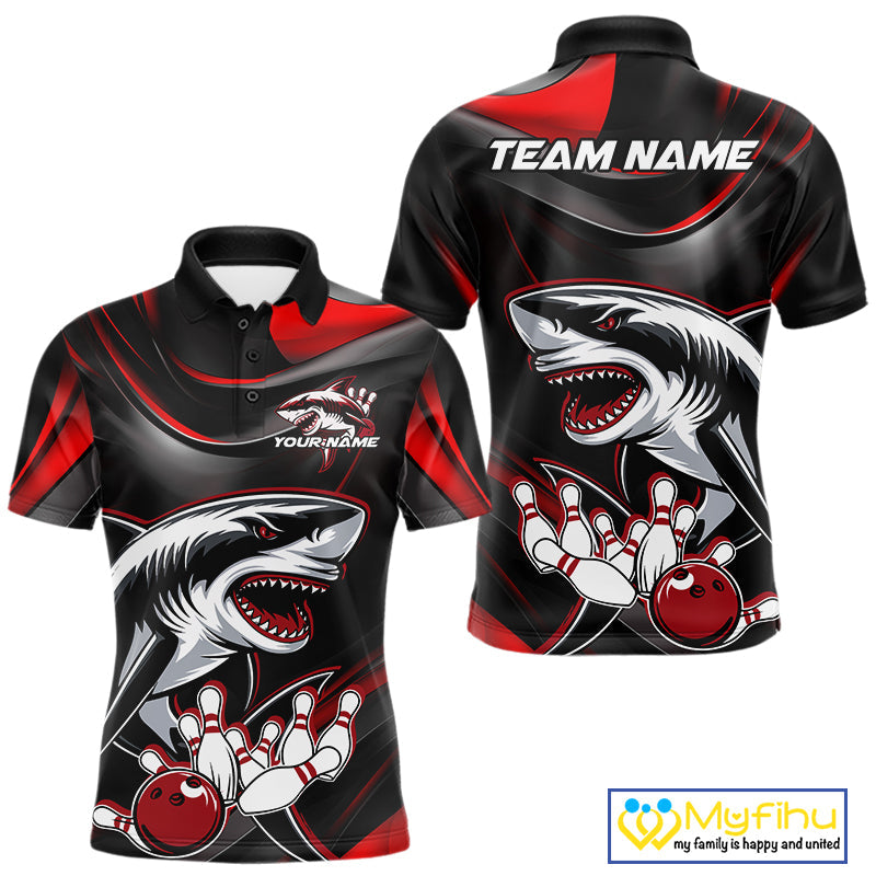 Custom Black And Red Shark Bowling Team Polo Shirts For Men, Bowling League Shirt IPHW9002