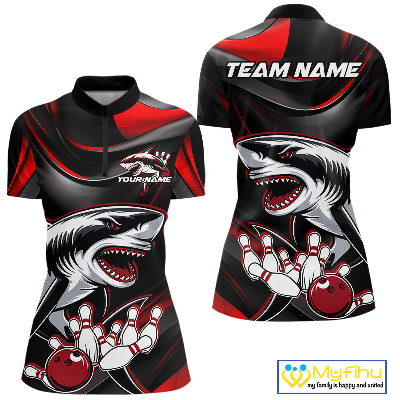 Custom Black And Red Shark Bowling Team Women Quarter-Zip Shirt, Bowling League Shirt IPHW9002