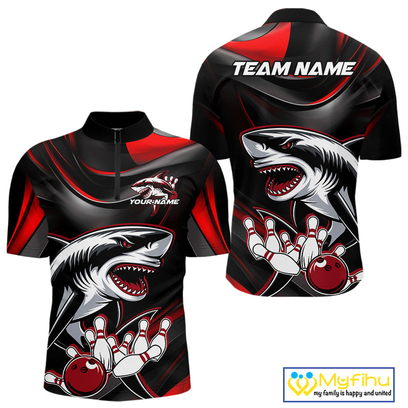 Custom Black And Red Shark Bowling Team Quarter-Zip Shirts For Men, Bowling League Shirt IPHW9002