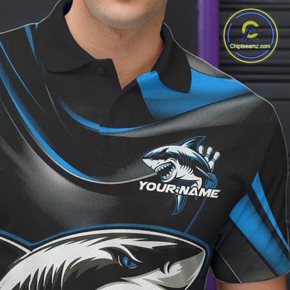 Custom Black And Blue Shark Bowling Team Polo Shirts For Men, Bowling League Shirt IPHW9003