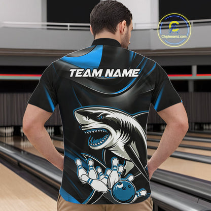 Custom Black And Blue Shark Bowling Team Quarter-Zip Shirts For Men, Bowling League Shirt IPHW9003
