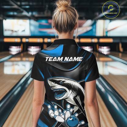 Custom Black And Blue Shark Bowling Team Women Quarter-Zip Shirt, Bowling League Shirt IPHW9003