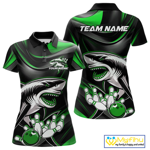 Custom Black And Green Shark Bowling Team Polo Shirts For Women, Bowling League Shirt IPHW9004