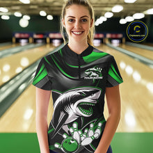 Load image into Gallery viewer, Custom Black And Green Shark Bowling Team Women Quarter-Zip Shirt, Bowling League Shirt IPHW9004