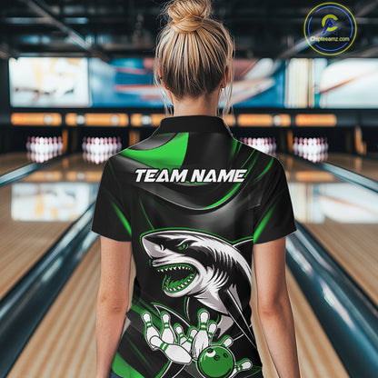 Custom Black And Green Shark Bowling Team Women Quarter-Zip Shirt, Bowling League Shirt IPHW9004