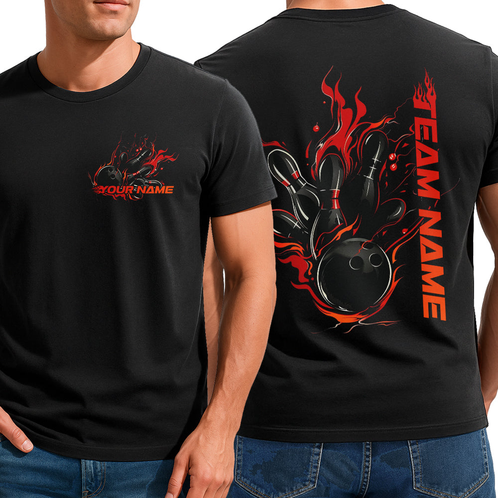 Custom Black And Red Flame Strike Bowling T-Shirts For Men, Fire Bowling Shirt IPHW9054