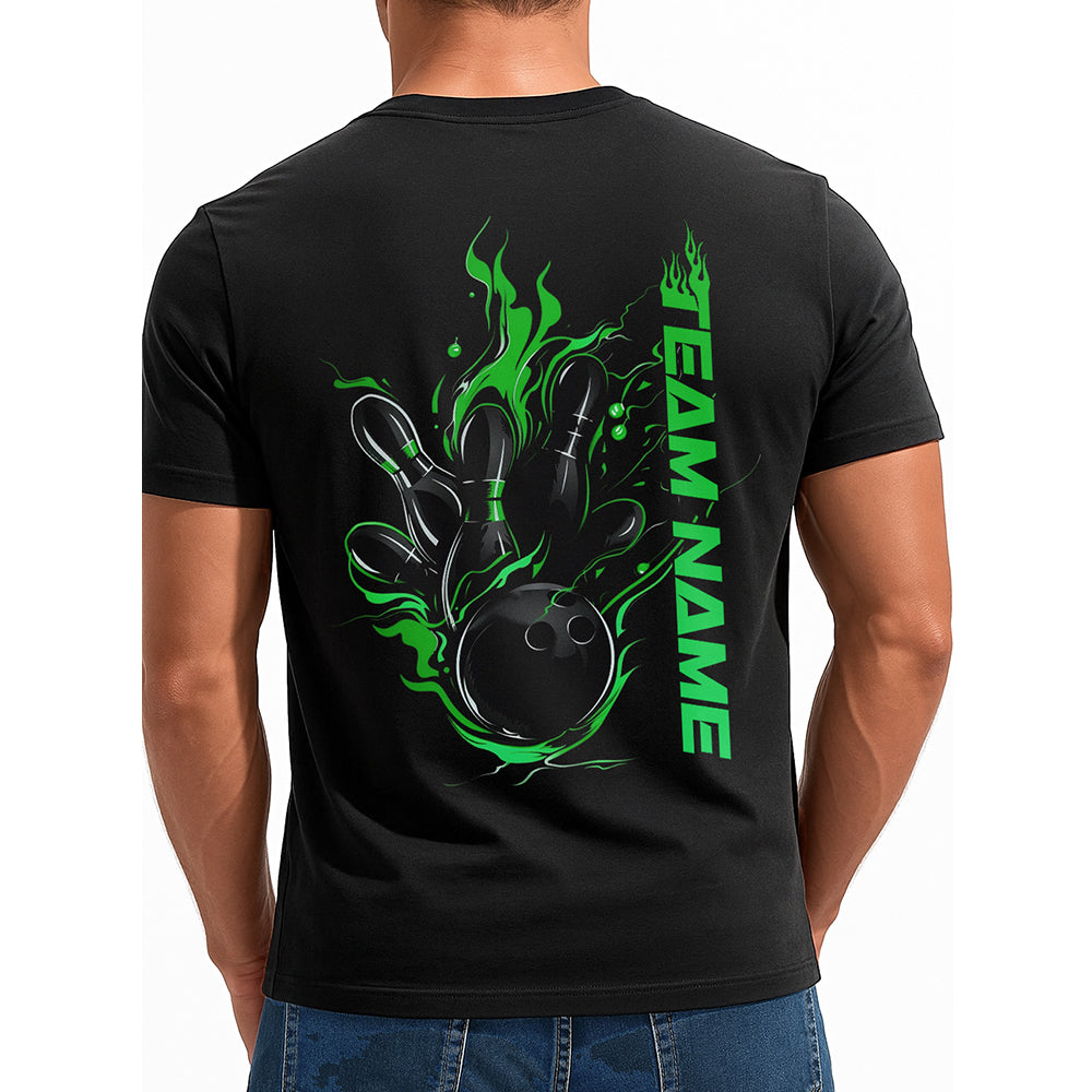 Custom Black And Green Flame Strike Bowling T-Shirts For Men, Unique Design IPHW9057