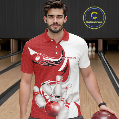 Custom White And Red Bowling Polo Shirts For Men, Flame Bowling Team Shirt IPHW9240
