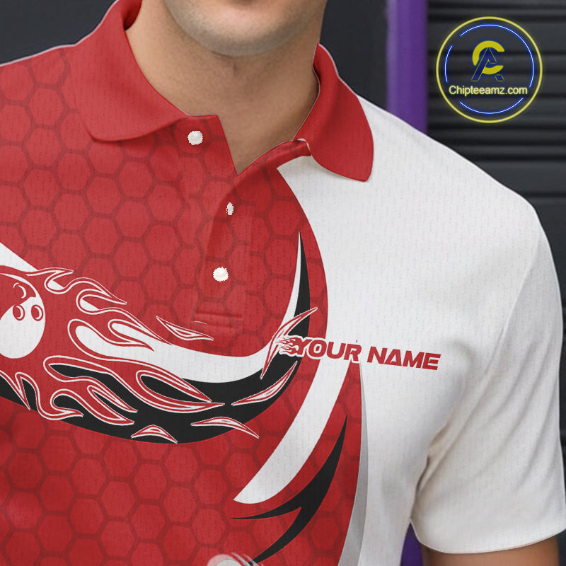 Custom White And Red Bowling Polo Shirts For Men, Flame Bowling Team Shirt IPHW9240