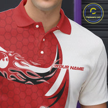 Load image into Gallery viewer, Custom White And Red Bowling Polo Shirts For Men, Flame Bowling Team Shirt IPHW9240