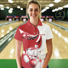 Load image into Gallery viewer, Custom White And Red Bowling Polo Shirts For Women, Flame Bowling Team Shirt IPHW9240