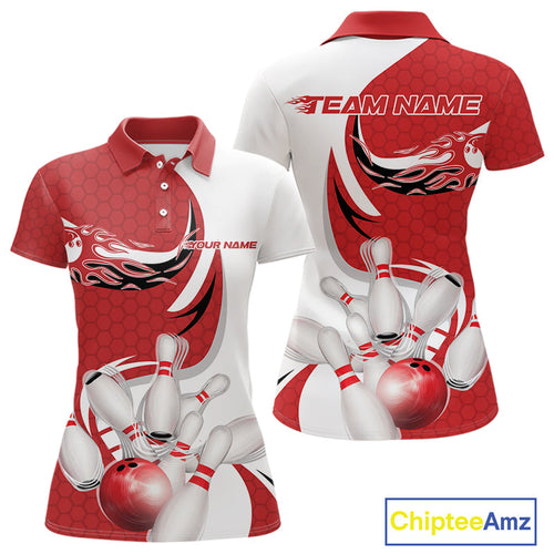 Custom White And Red Bowling Polo Shirts For Women, Flame Bowling Team Shirt IPHW9240