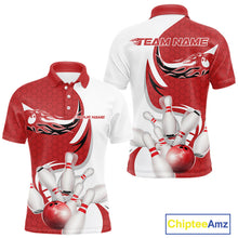 Load image into Gallery viewer, Custom White And Red Bowling Polo Shirts For Men, Flame Bowling Team Shirt IPHW9240