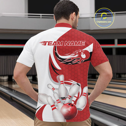 Custom White And Red Bowling Quarter-Zip Shirts For Men, Flame Bowling Team Shirt IPHW9240
