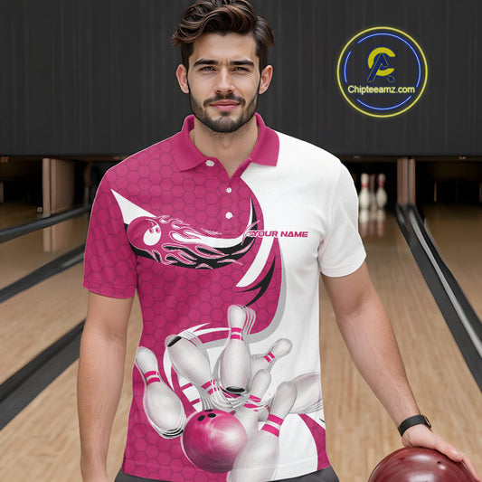 Custom White And Pink Bowling Polo Shirts For Men, Flame Bowling Team Shirt IPHW9241