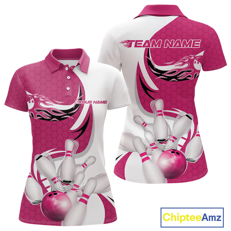 Custom White And Pink Bowling Polo Shirts For Women, Flame Bowling Team Shirt IPHW9241