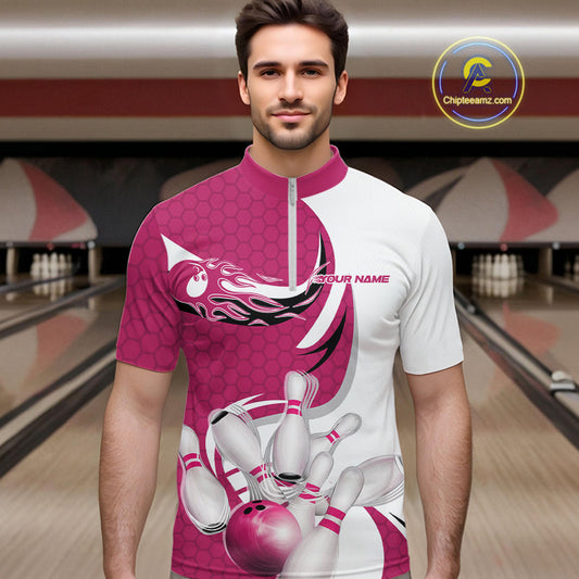 Custom White And Pink Bowling Quarter-Zip Shirts For Men, Flame Bowling Team Shirt IPHW9241