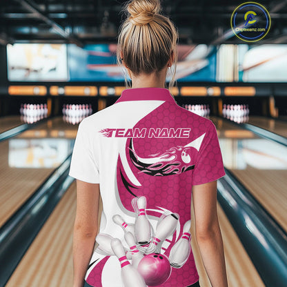 Custom White And Pink Bowling Quarter-Zip Shirts For Women, Flame Bowling Team Shirt IPHW9241