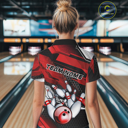 Custom Black And Red Hexagon Pattern Bowling Polo Shirts For Women, Bowling Team Uniform IPHW9420