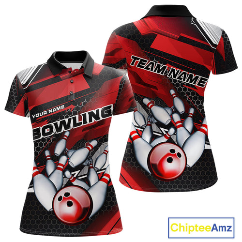Custom Black And Red Hexagon Pattern Bowling Polo Shirts For Women, Bowling Team Uniform IPHW9420