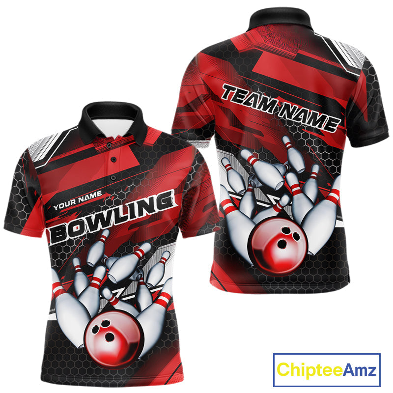 Custom Black And Red Hexagon Pattern Bowling Polo Shirts For Men, Bowling Team Uniform IPHW9420