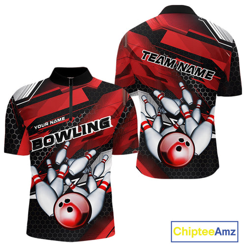 Custom Black And Red Hexagon Pattern Bowling Quarter-Zip Shirts For Men, Bowling Team Uniform IPHW9420