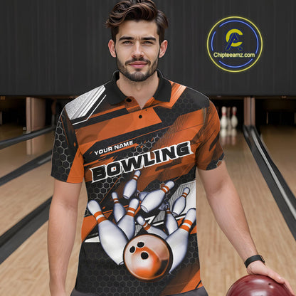 Custom Black And Orange Hexagon Pattern Bowling Polo Shirts For Men, Bowling Team Uniform IPHW9421