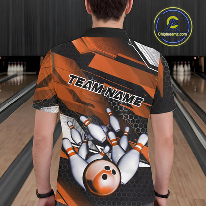 Custom Black And Orange Hexagon Pattern Bowling Polo Shirts For Men, Bowling Team Uniform IPHW9421